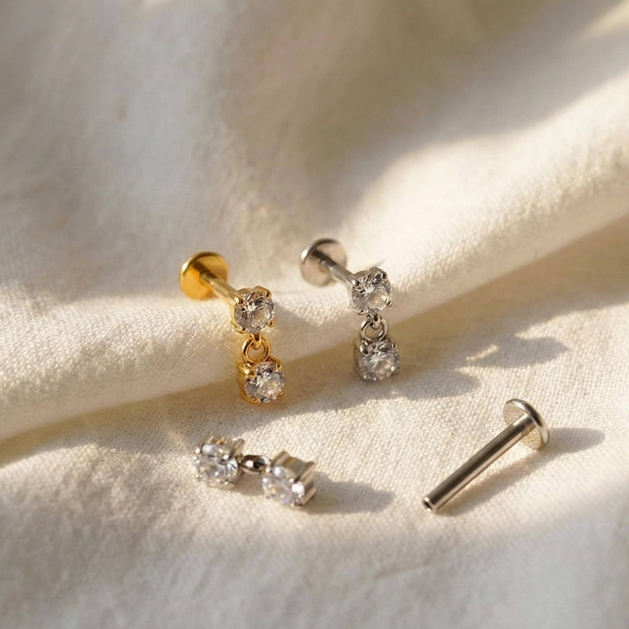 16G Titanium Double CZ Dangle Stud, Internally Threaded Tragus Piercing, Floating Drop Charm, Helix Cartilage Earring