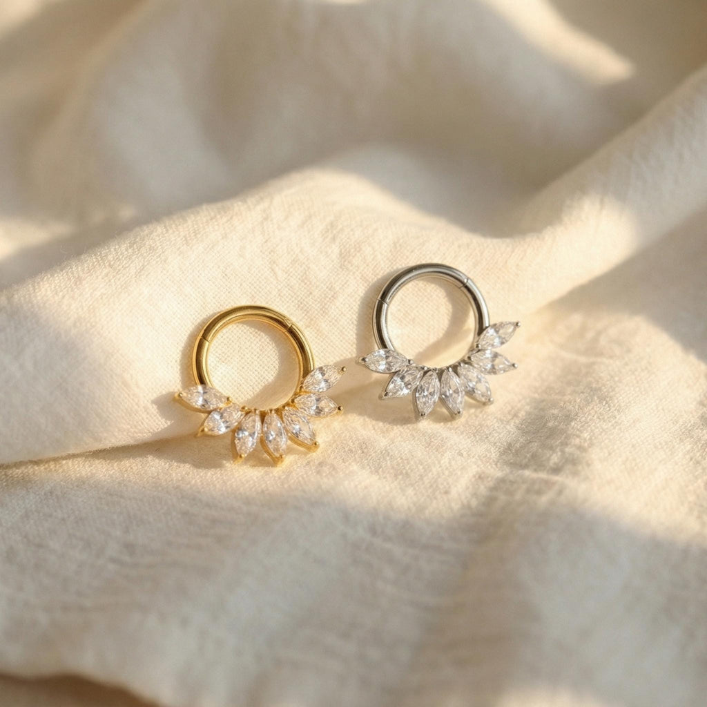 16G ASTM F136 Titanium Marquise CZ Septum Clicker, Hinged Daith Hoop, Hypoallergenic Cartilage Earring, Elegant Nose Ring
