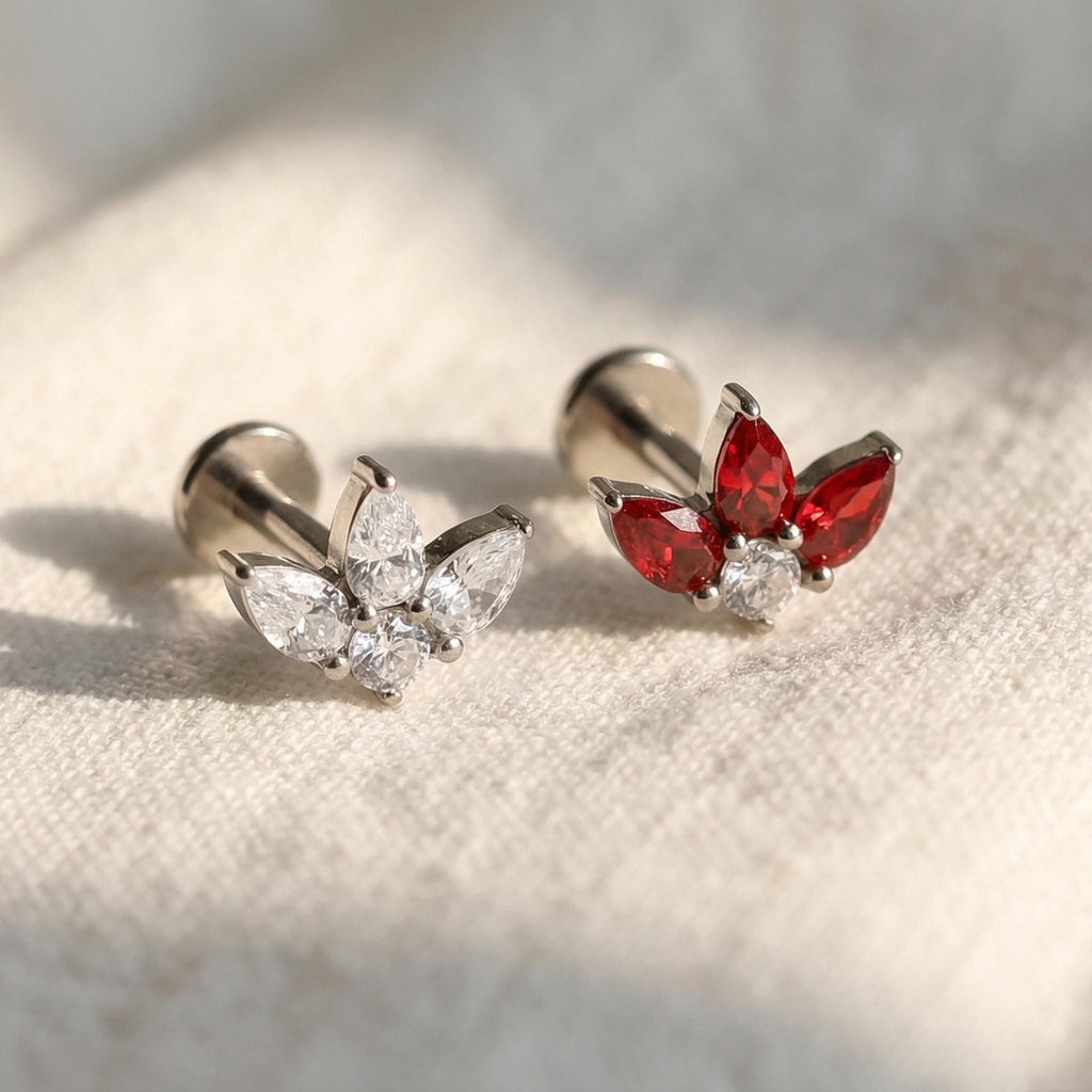 16G Titanium Triple Pear Fan Stud, Teardrop CZ Trinity Lotus Earring, Flat Back Helix Conch Tragus Piercing, Hypoallergenic