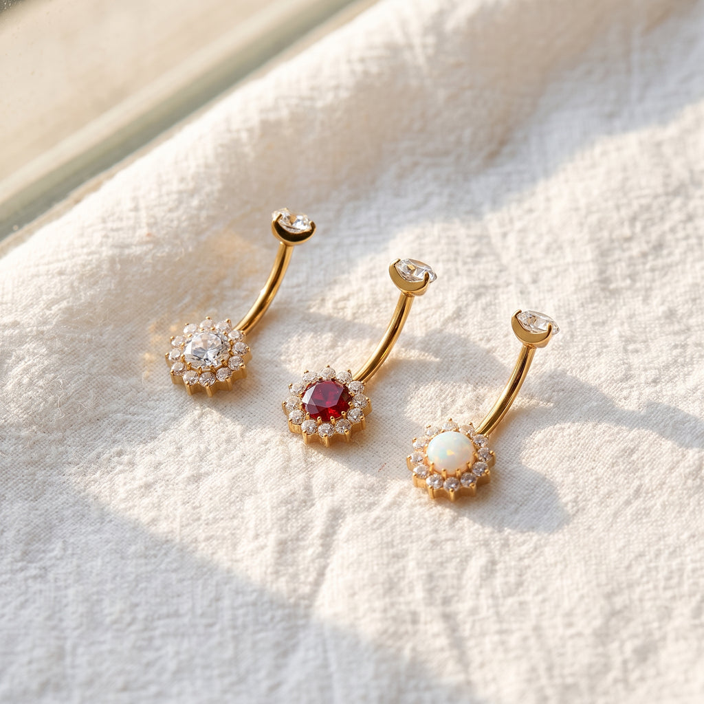14G Titanium Halo Belly Ring, Opal Garnet CZ Navel Piercing, Luxurious Round Gem Body Jewelry, Curved Barbell ASTM F136