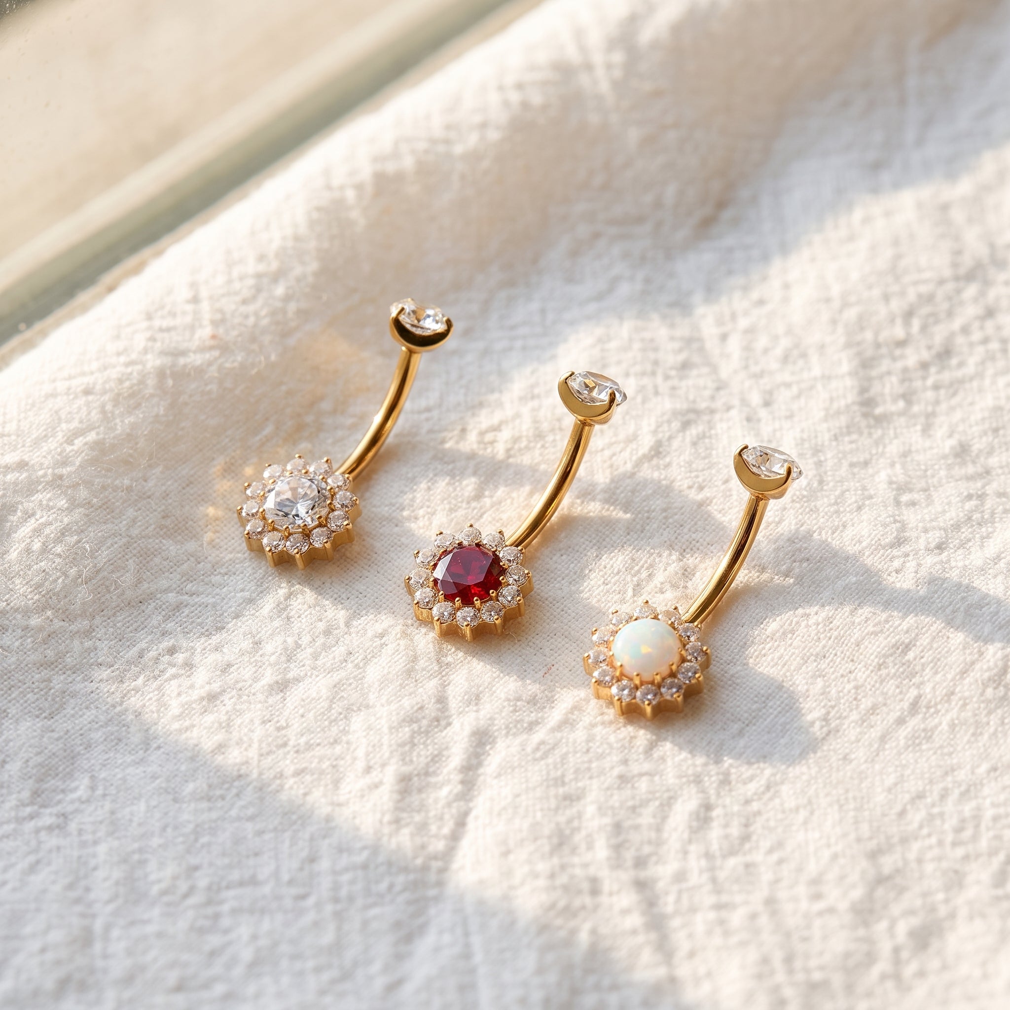 14G Titanium Halo Belly Ring, Opal Garnet CZ Navel Piercing, Luxurious Round Gem Body Jewelry, Curved Barbell ASTM F136