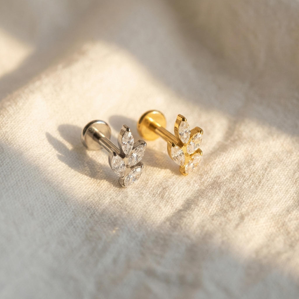 Titanium Marquise Cluster Labret, 16G Leaf Stud, Flat Back Earring, Helix Conch Tragus, Nature Inspired Jewelry