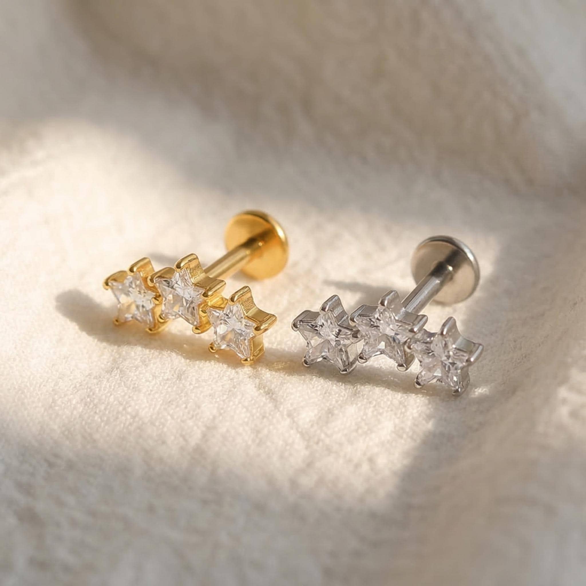 16G Titanium Triple Star Stud, Celestial Flat Back Labret, Cartilage Helix Earring, Hypoallergenic Tragus Cluster Piercing