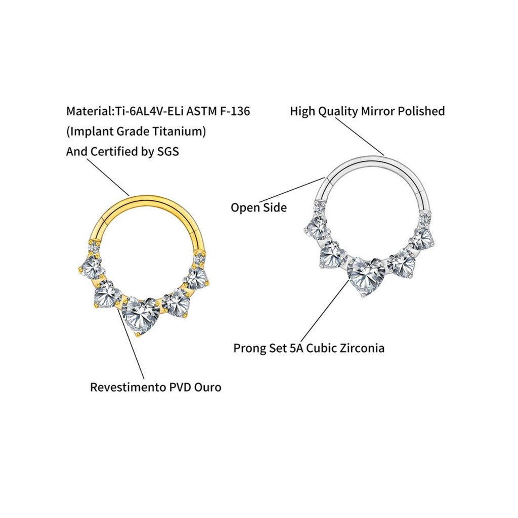 16G Titanium Heart Daith Clicker, CZ Paved Septum Ring, Hinged Segment Hoop, Hypoallergenic Cartilage Earring, Gold Silver