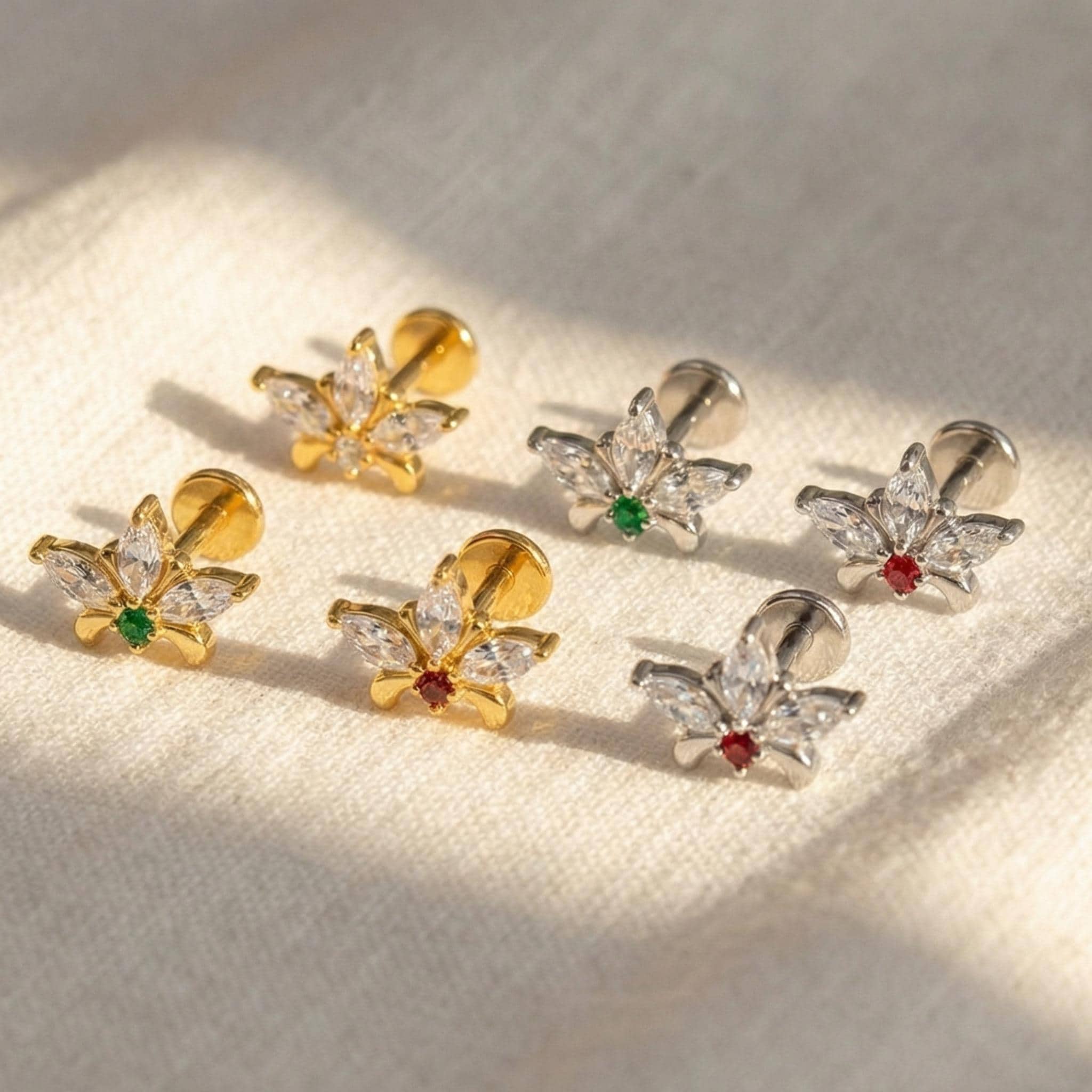 16G Red Garnet Star Stud, Marquise CZ Flat Back Labret, Vintage Cartilage Earring, Conch Helix Tragus Piercing