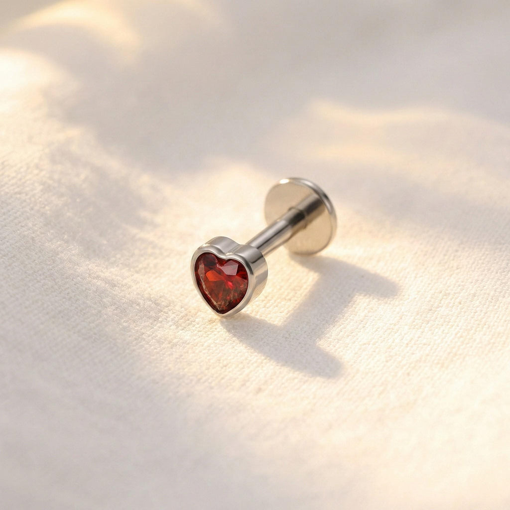 16G Titanium Heart CZ Flat Back Stud • Garnet Red Labret Earring for Helix, Cartilage & Tragus Piercings – Gothic Halloween Jewelry
