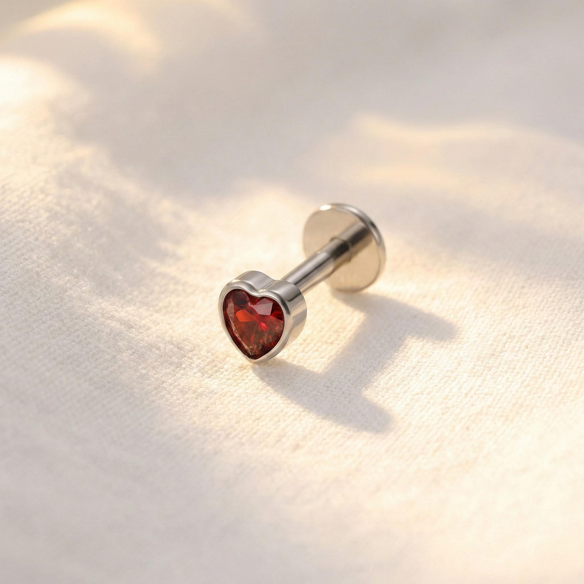 16G Titanium Heart CZ Flat Back Stud • Garnet Red Labret Earring for Helix, Cartilage & Tragus Piercings – Gothic Halloween Jewelry