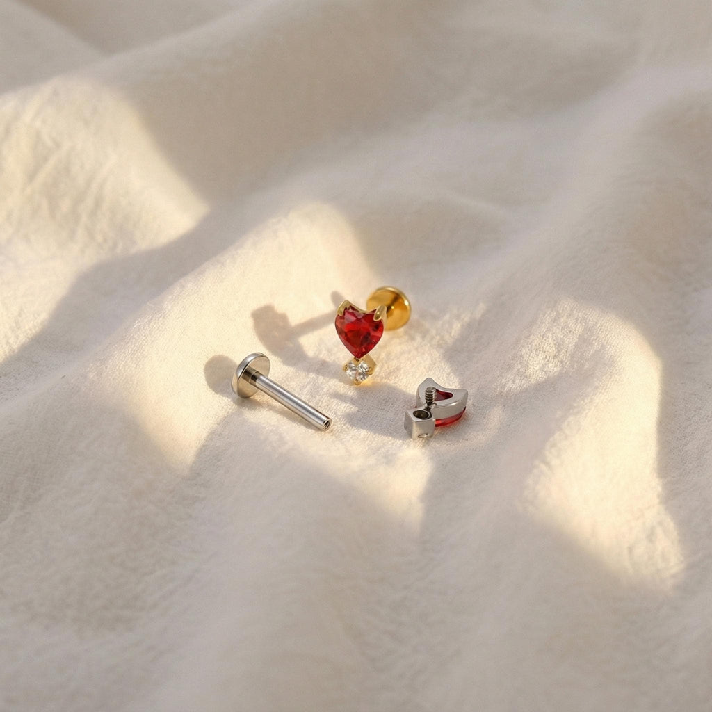 16G Titanium Garnet Heart Stud, Red CZ Flat Back Labret, Tragus Helix Cartilage Earring, Hypoallergenic Valentine Piercing