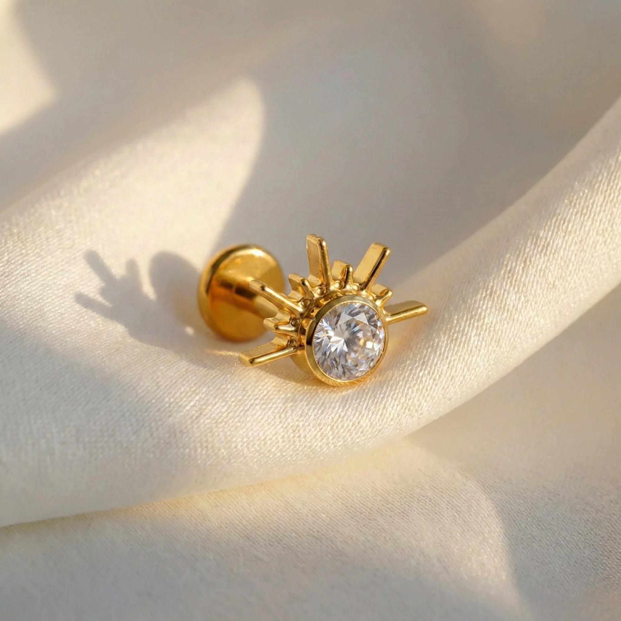 16G Titanium Half Starburst Stud, CZ Sunburst Fan Flat Back Earring, Rising Sun Helix Tragus Conch Piercing, Celestial Jewelry