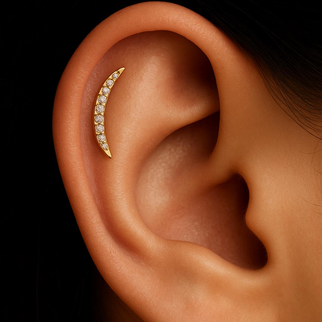 16G Titanium Curved Moon Climber, CZ Crescent Labret Stud, Internal Thread Flat Back, Helix Conch Tragus Earring, Hypoallergenic