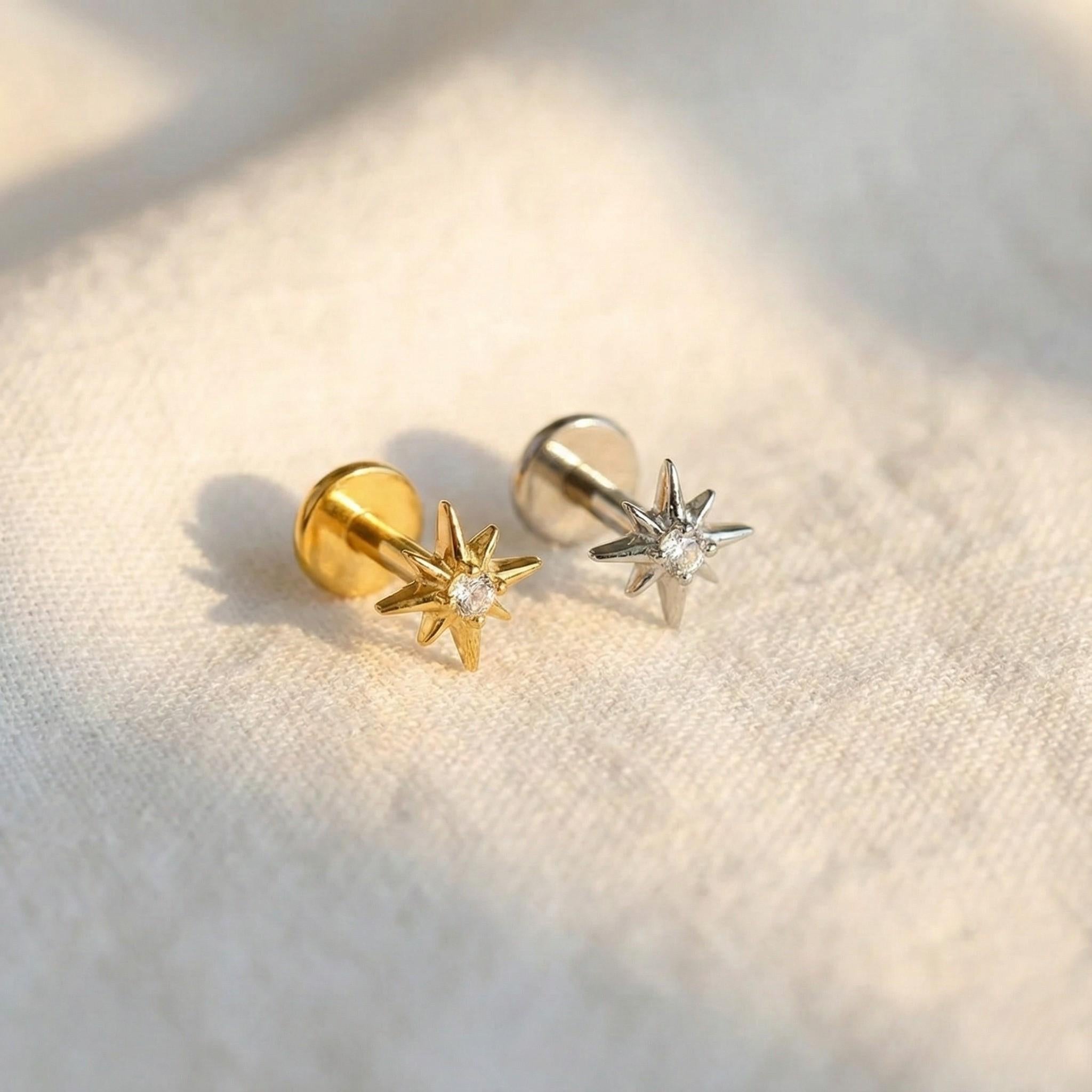 16G Titanium North Star Stud, CZ Starburst Flat Back Earring, Sparkly Helix Tragus Conch Piercing, Hypoallergenic Celestial Labret