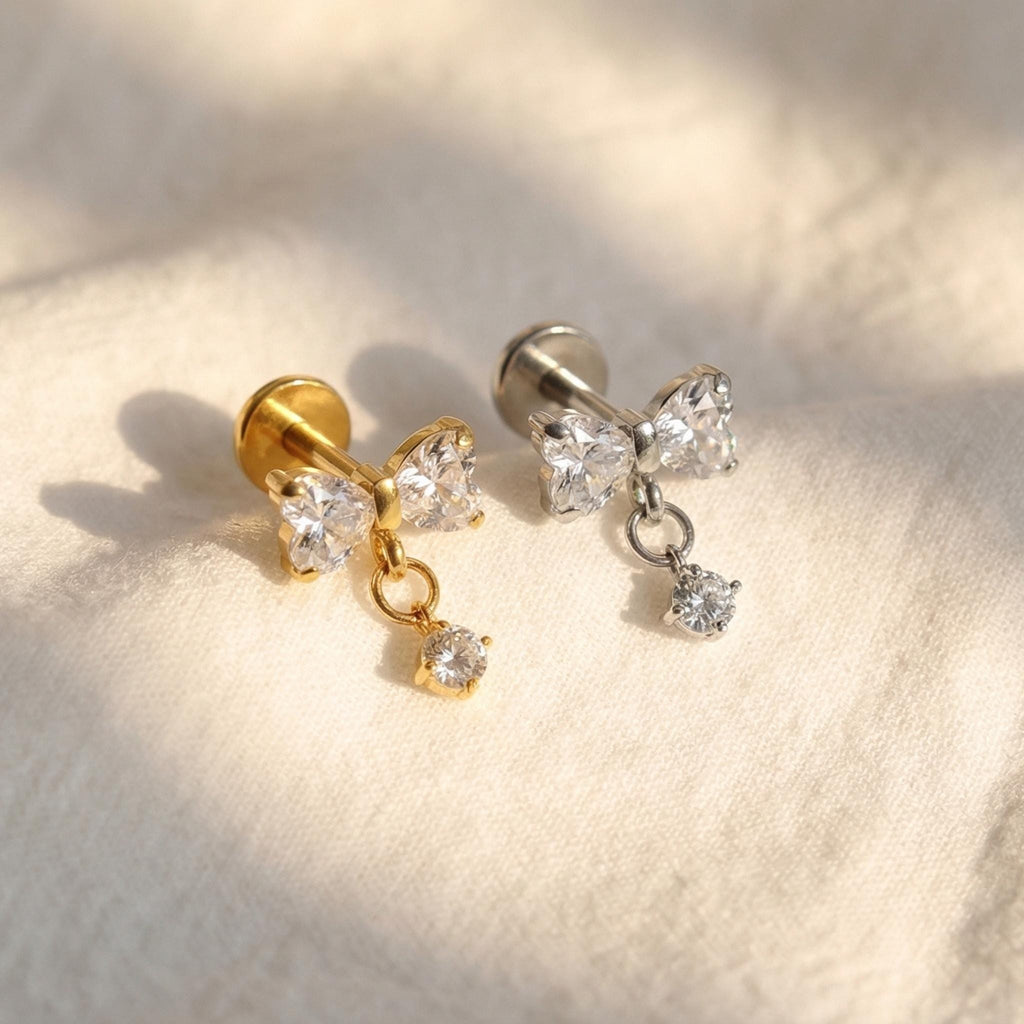 16G Titanium Bow Dangle Stud, CZ Ribbon Drop Earring, Flat Back Helix Tragus Piercing, Coquette Bridal Jewelry