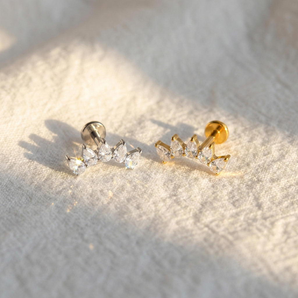 16G Titanium Pear Fan Stud, CZ Crown Flat Back Earring, Crystal Cluster Helix Tragus Conch Piercing, Bridal Cartilage Jewelry