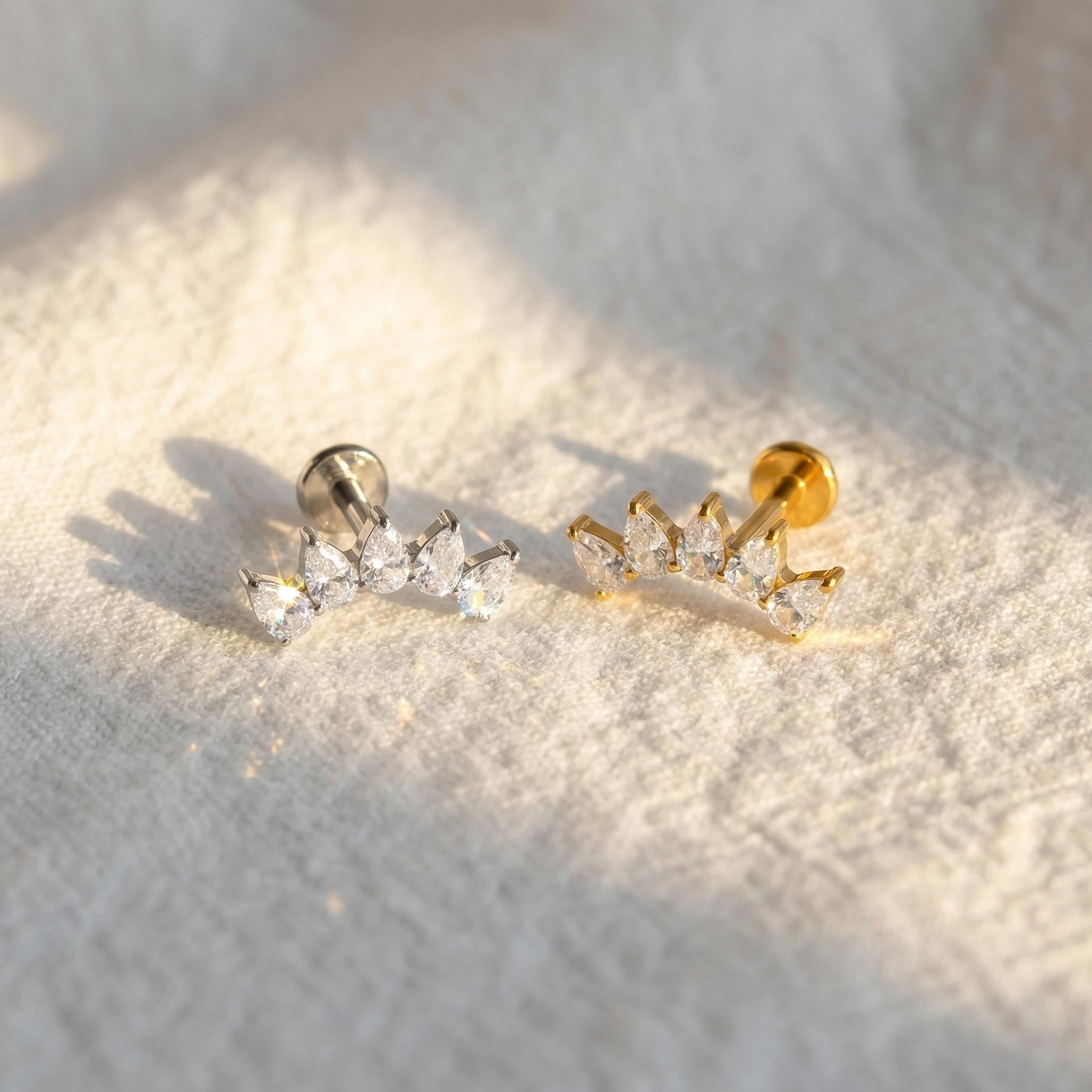 16G Titanium Pear Fan Stud, CZ Crown Flat Back Earring, Crystal Cluster Helix Tragus Conch Piercing, Bridal Cartilage Jewelry