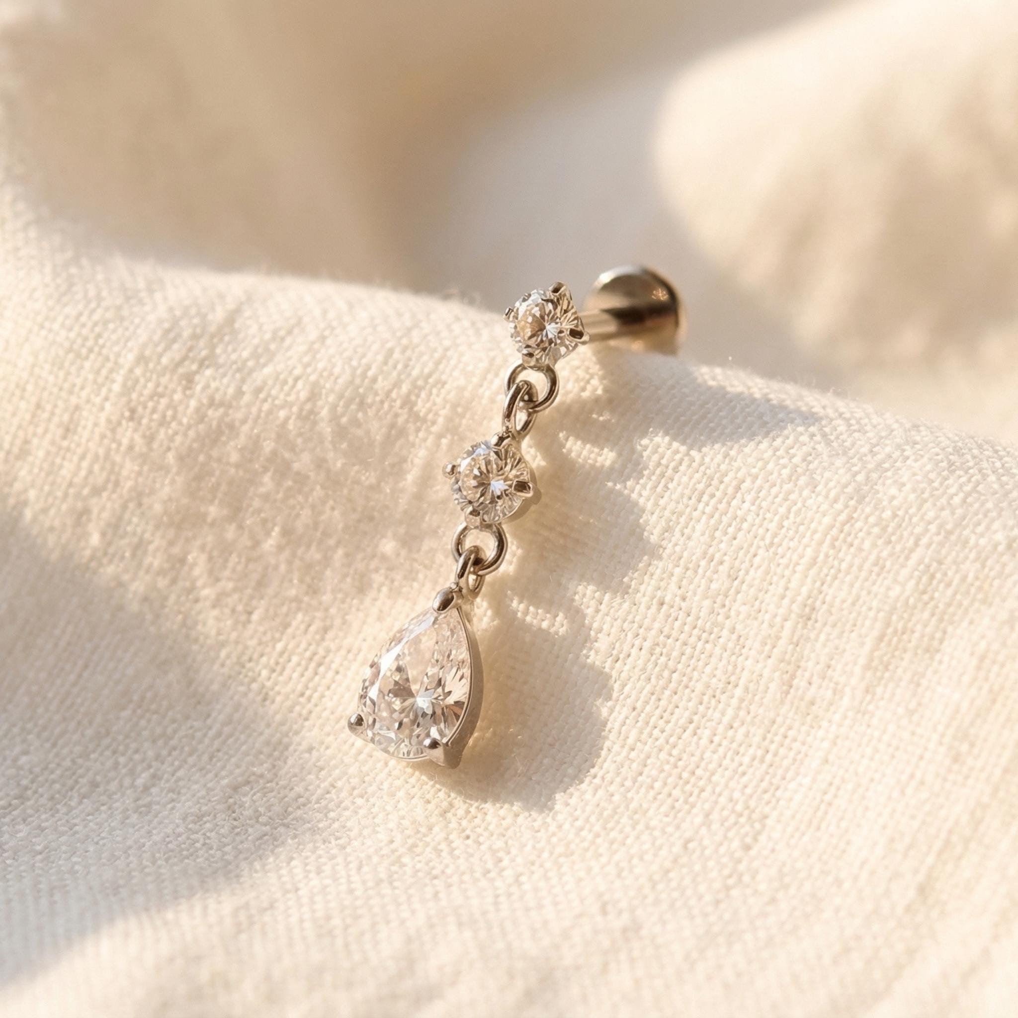 16G Titanium Teardrop Dangle Stud, CZ Pear Drop Cartilage Earring, Flat Back Helix Tragus Piercing, Hypoallergenic Labret