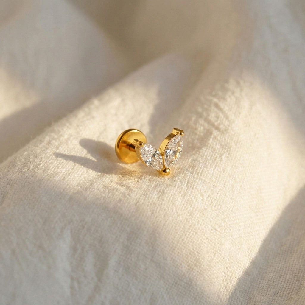 16G Titanium Double Marquise Stud, Tiny CZ Heart Flat Back Earring, Dainty Butterfly Leaf Helix Tragus Piercing, Minimalist Jewelry