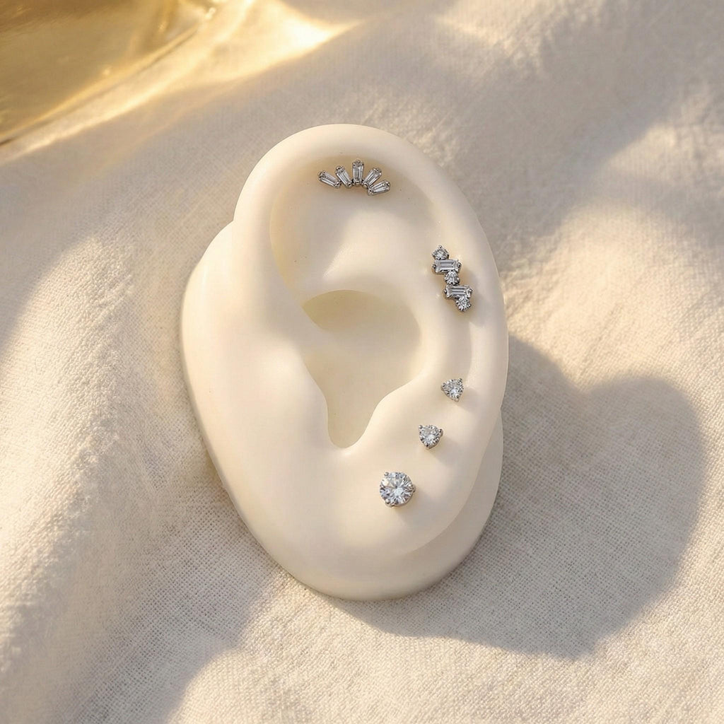 Titanium Baguette CZ Labret, 16G Trapezoid Cluster Stud, Tragus Helix Conch Cartilage Earring, Hypoallergenic Flat Back