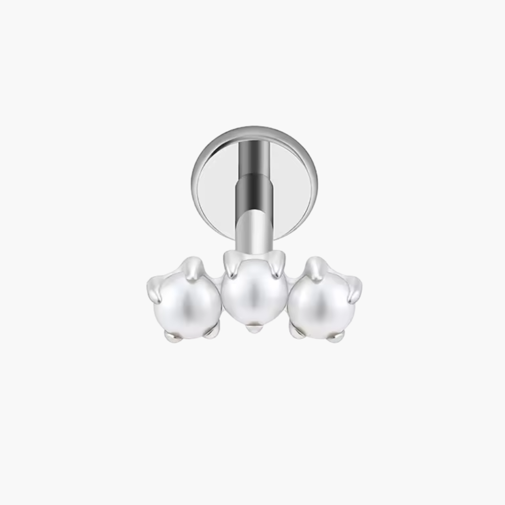 Implant-grade titanium (ASTM F136) internally threaded stud with three graduated pearls for helix, tragus and conch piercings