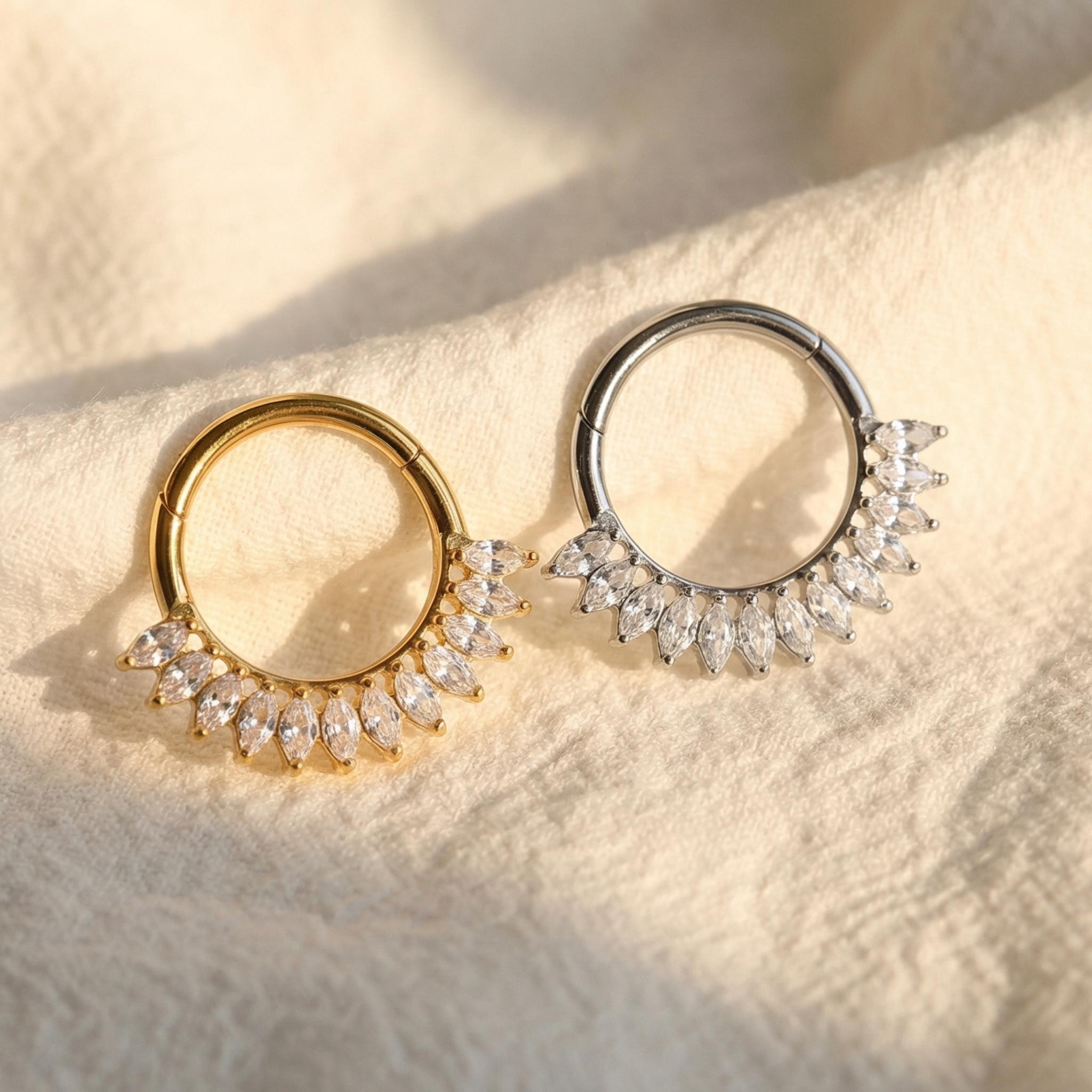 16G ASTM F136 Titanium Marquise Cluster Septum Clicker, Hinged Daith Hoop, Floral CZ Nose Ring, Hypoallergenic Cartilage Earring