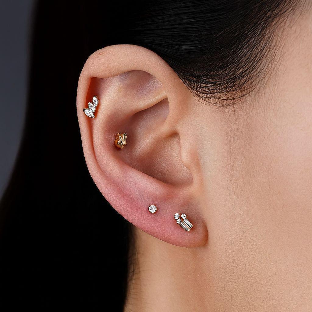 16G Titanium Marquise Cluster Labret, CZ Leaf Crawler Stud, Flat Back Earring for Helix Conch Tragus, Hypoallergenic Cartilage Piercing