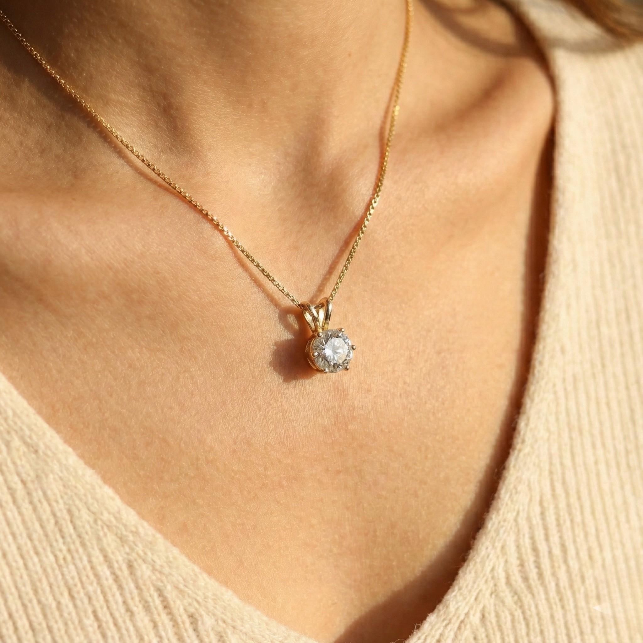 Moissanite Solitaire Diamond Necklace, Gold Solitaire Diamond Pendant, Dainty Moissanite Necklace, Floating Diamond, Single Diamond Necklace