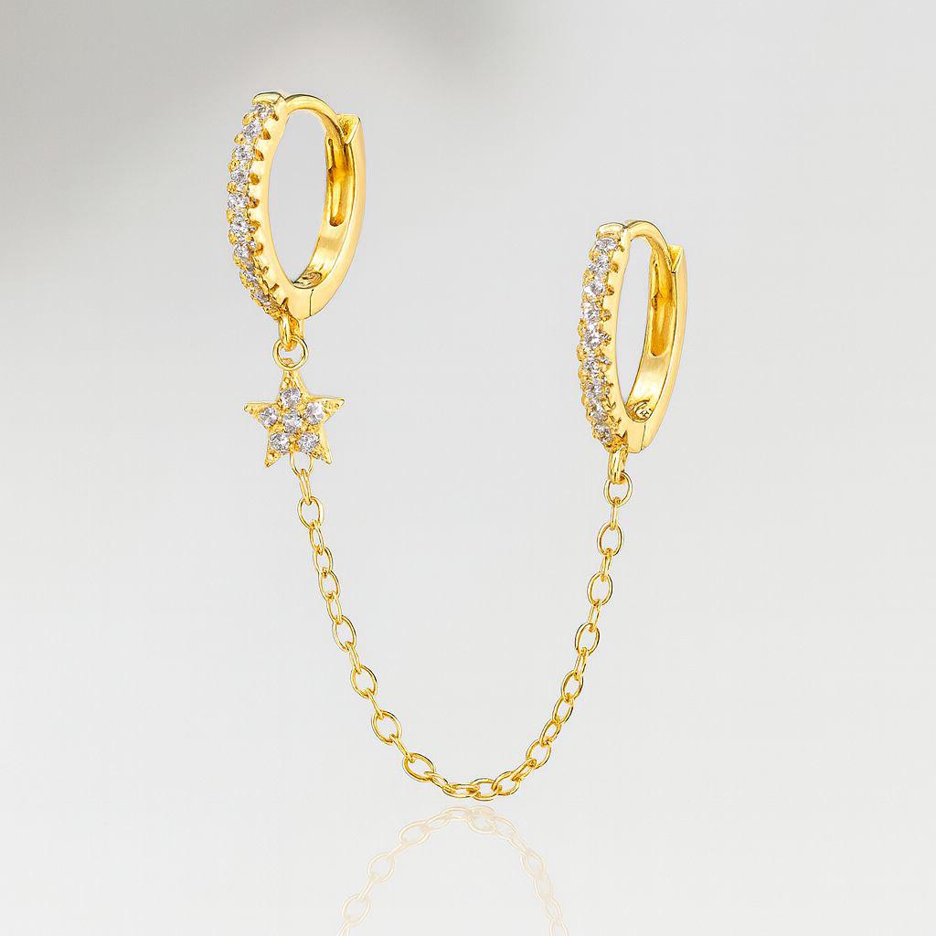 Gold Star Hoop Earrings: Dangle CZ Chain Cartilage Jewelry