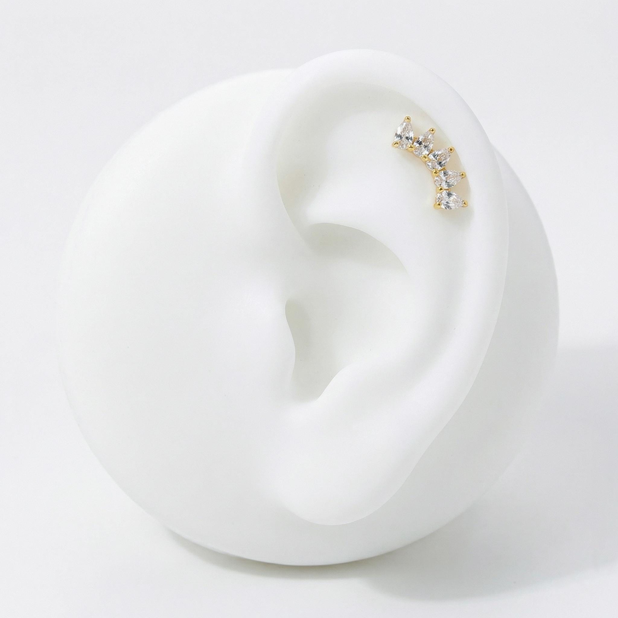 16G Titanium Pear Fan Stud, CZ Crown Flat Back Earring, Crystal Cluster Helix Tragus Conch Piercing, Bridal Cartilage Jewelry