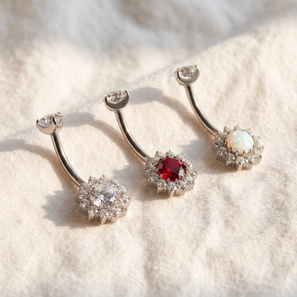 14G Titanium Halo Belly Ring, Opal Garnet CZ Navel Piercing, Luxurious Round Gem Body Jewelry, Curved Barbell ASTM F136