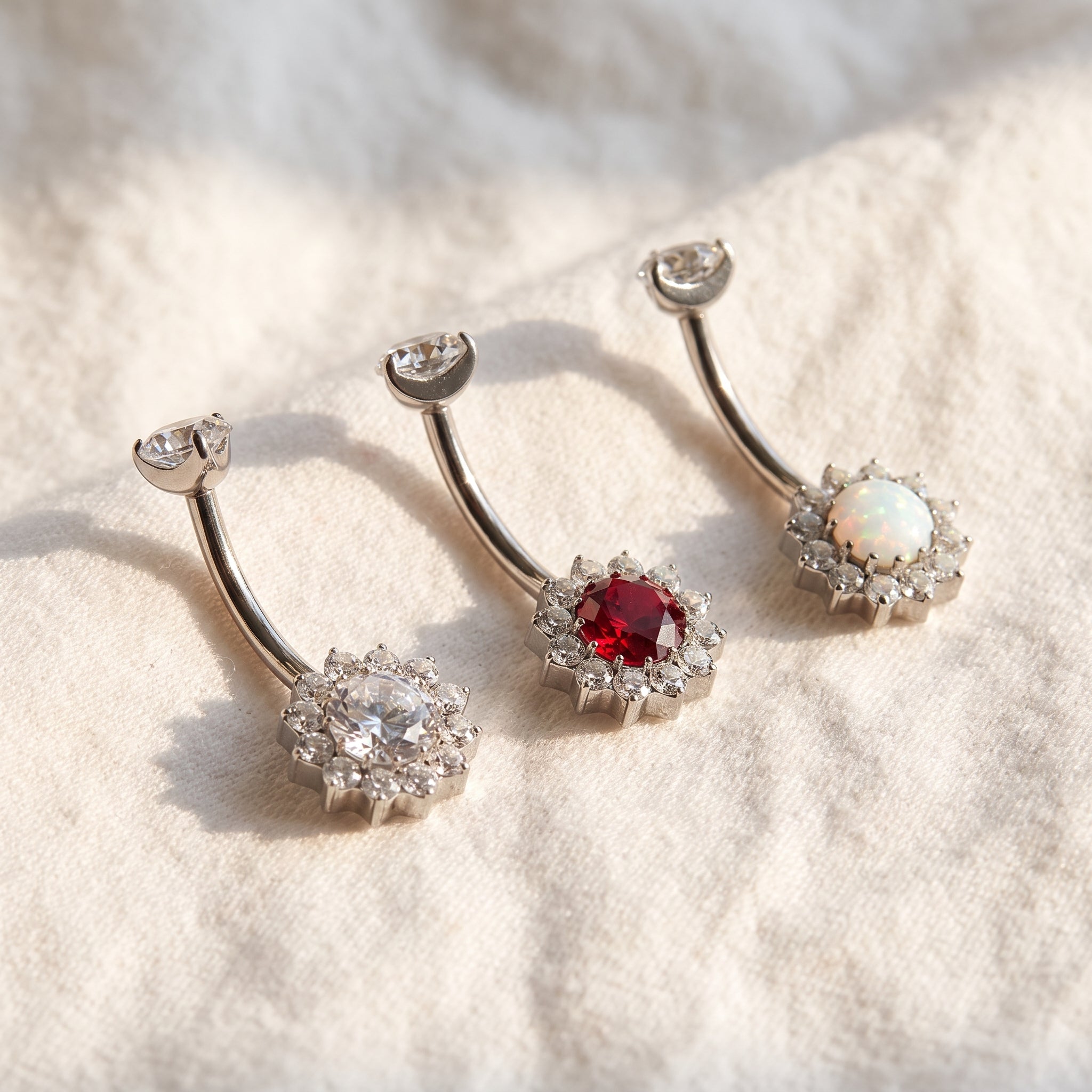 14G Titanium Halo Belly Ring, Opal Garnet CZ Navel Piercing, Luxurious Round Gem Body Jewelry, Curved Barbell ASTM F136