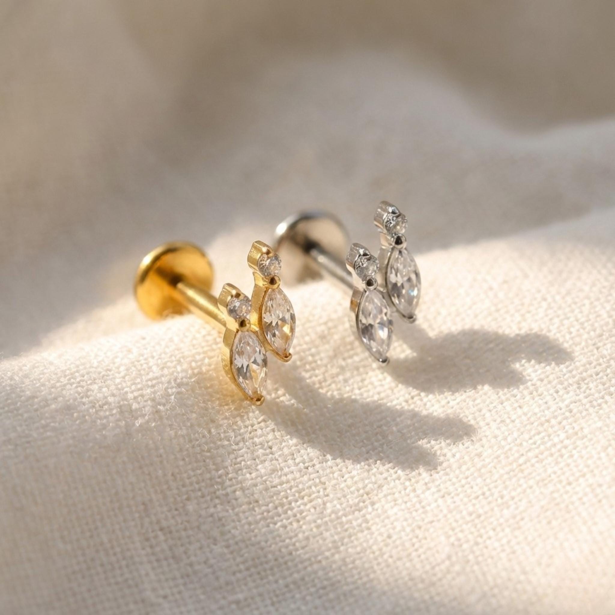 Titanium Double Marquise Fan Labret, 16G CZ Flat Back Stud, Tragus Helix Conch Cartilage Earring, Hypoallergenic