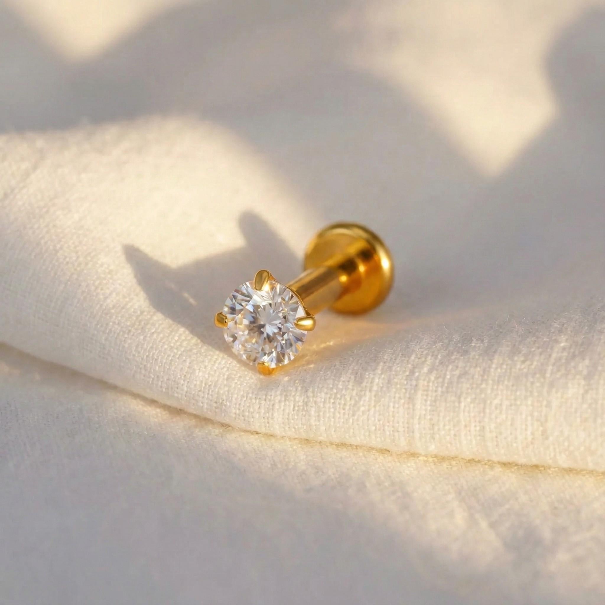16G 18G 20G Threadless Titanium Stud, Gold Push Pin Flat Back, Tiny Diamond Nose Ring, CZ Helix Tragus Conch Cartilage Earring