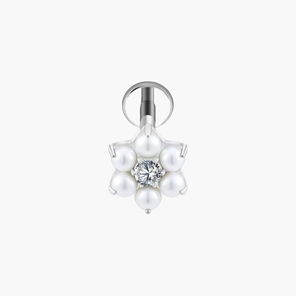 16G Titanium Pearl Flower Stud, ASTM F136 Flat Back Labret, CZ Floral Cartilage Earring, Tragus Helix Piercing, Dainty Nose Jewelry