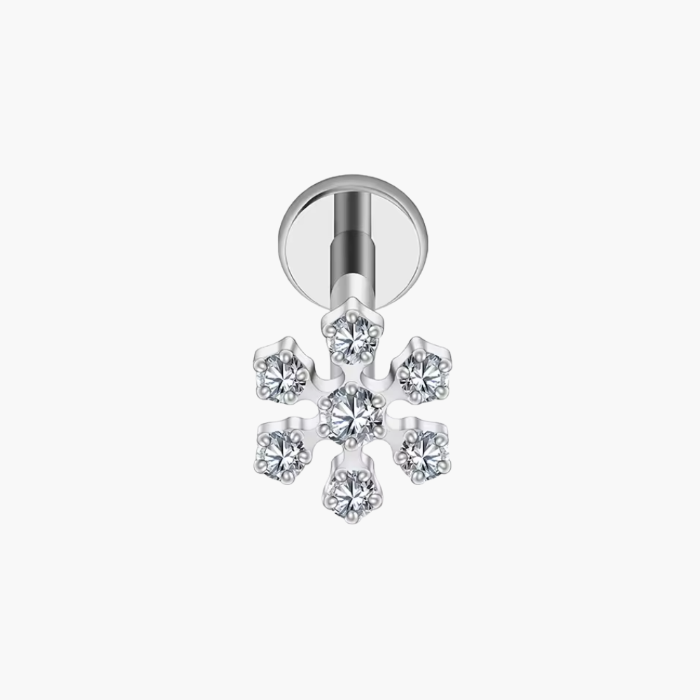 16G Titanium Snowflake Stud, Tiny CZ Winter Flat Back Earring, Threaded Helix Tragus Conch Piercing, Christmas Jewelry Gift
