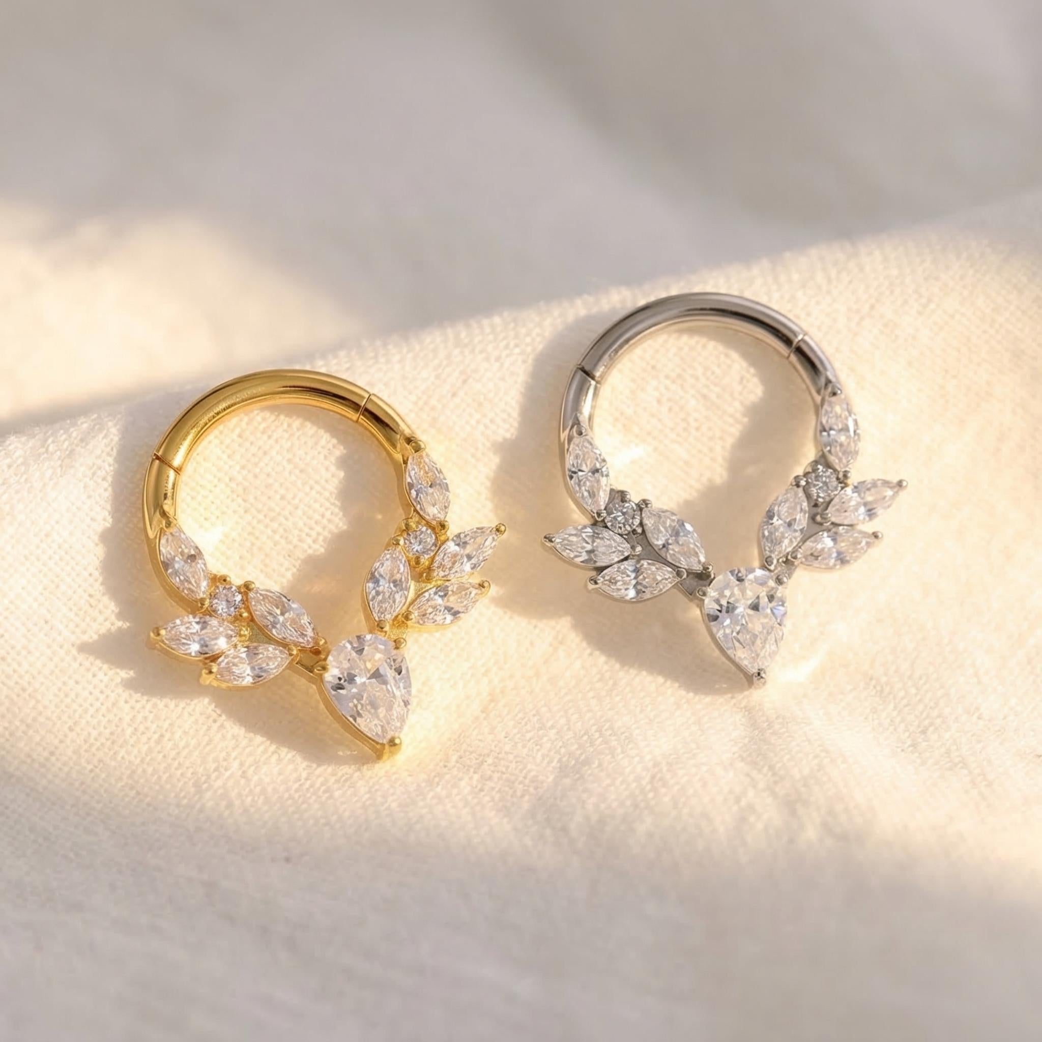 16G Titanium Vine Septum Ring, Marquise Pear CZ Daith Hoop, Botanical Helix Cartilage Earring, Floral Clicker Piercing