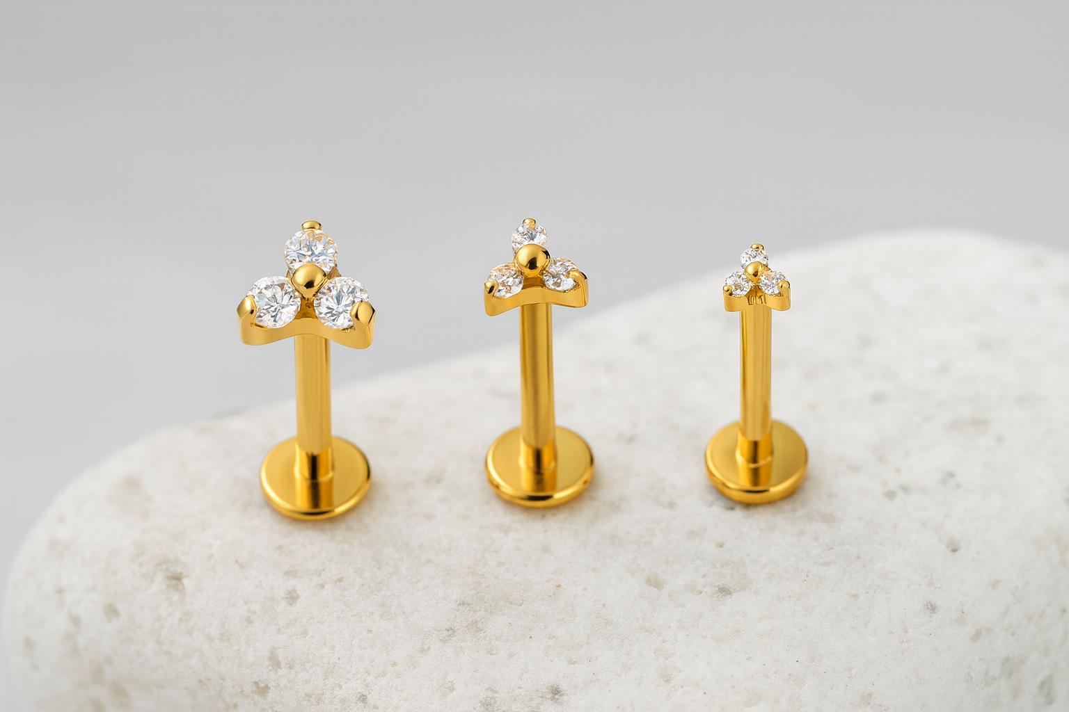 16G Titanium CZ Trinity Stud Earring • Tragus Earring • Helix • Cartilage • Internally threaded • Flat Back Earring • Gift for Her