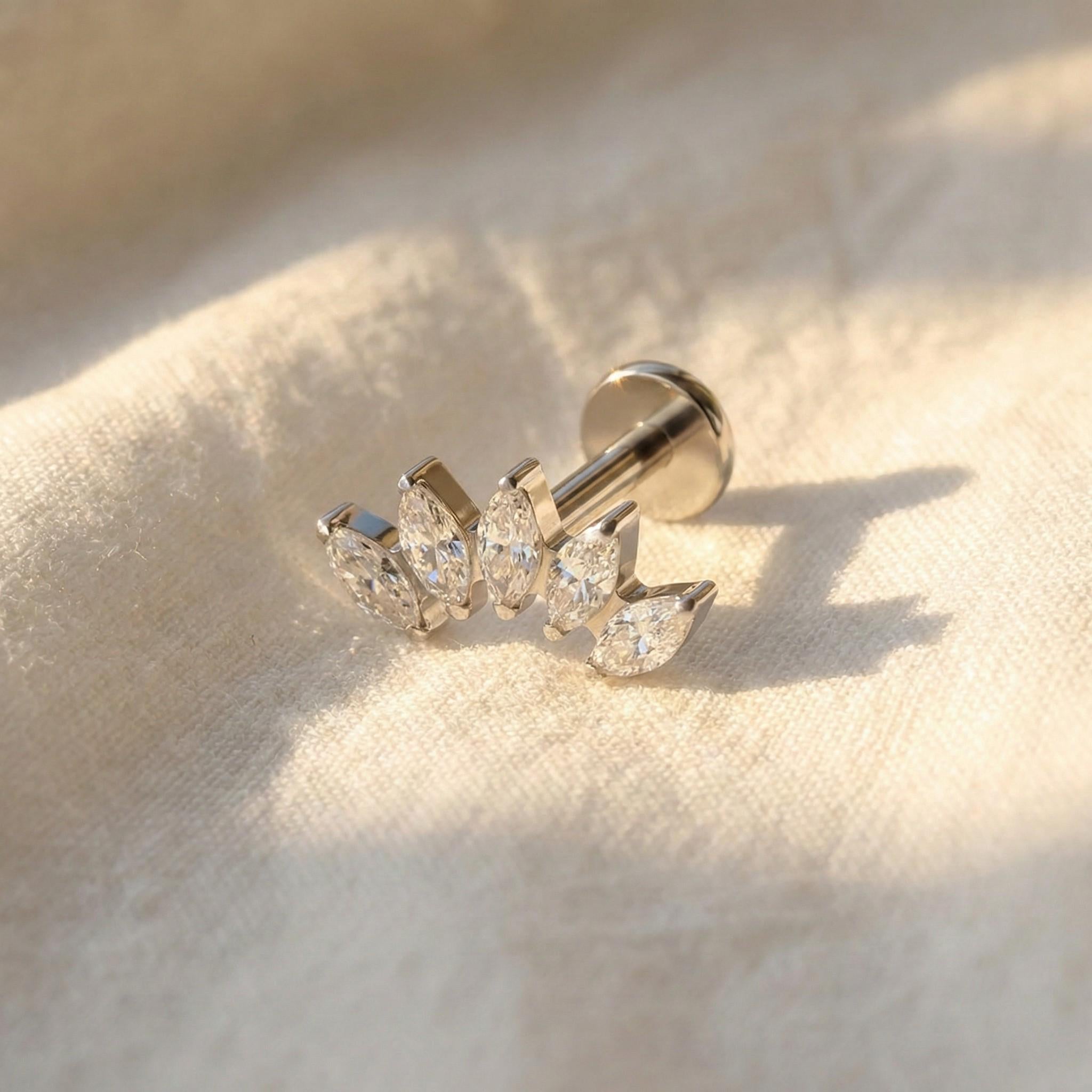 16G Titanium Marquise Fan Stud, CZ Crown Flat Back Earring, Crystal Cluster Helix Tragus Conch Piercing, Bridal Cartilage Jewelry