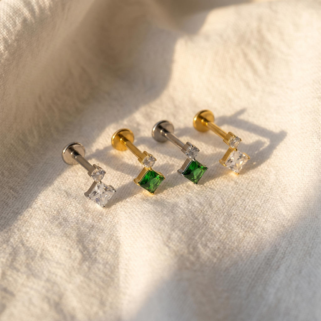 16G Geometric CZ Labret, Square Round Flat Back Stud, Titanium Cartilage Earring, Conch Tragus Helix Piercing, Minimalist Implant Grade