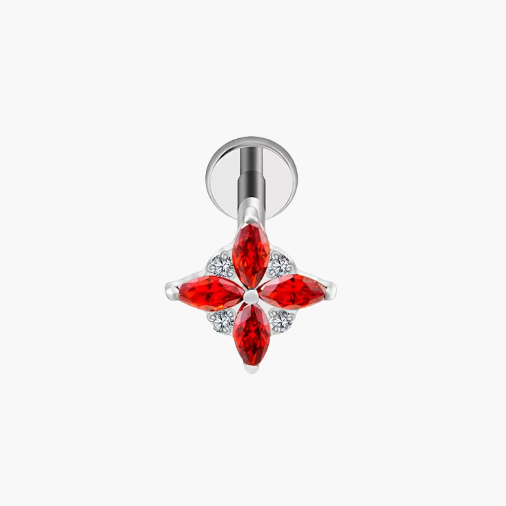 Red 4-Petal Star Stud – Gold Titanium Garnet CZ Helix Earring