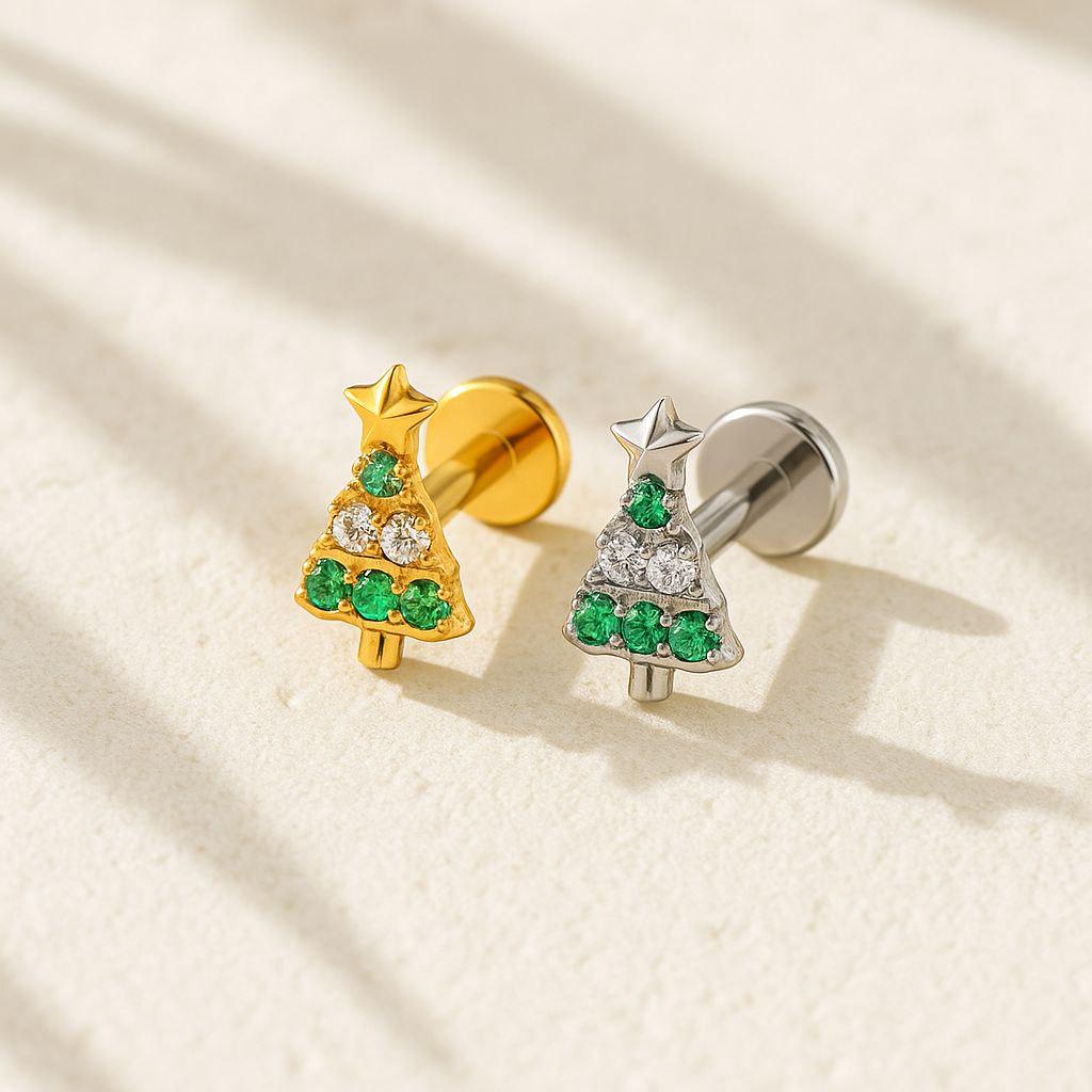 16G Titanium Christmas Tree Labret • Internally Threaded Flat Back Stud • Helix, Tragus & Cartilage Piercing Holiday Jewelry