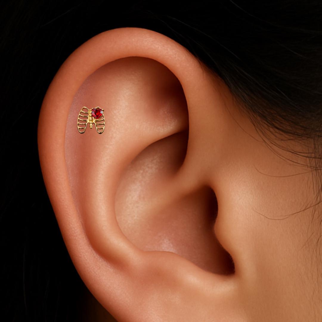 16G Titanium Rib Cage Stud, CZ Heart Skeleton Flat Back, Gothic Helix Tragus Earring, Spooky Anatomy Cartilage Jewelry