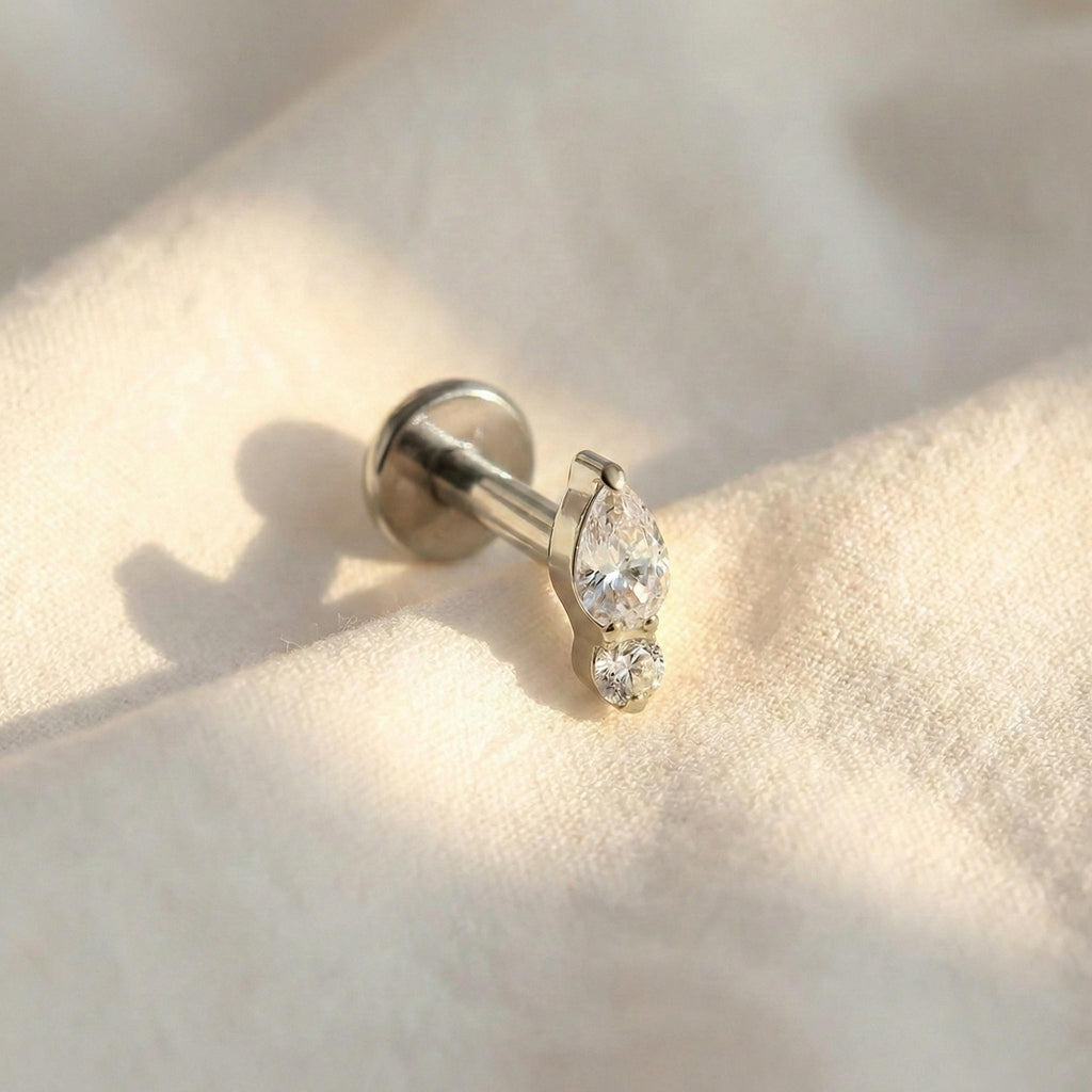 16G Titanium Teardrop Opal Stud, Tiny CZ Accent, Flat Back Labret, Forward Helix Tragus Cartilage Earring, Hypoallergenic
