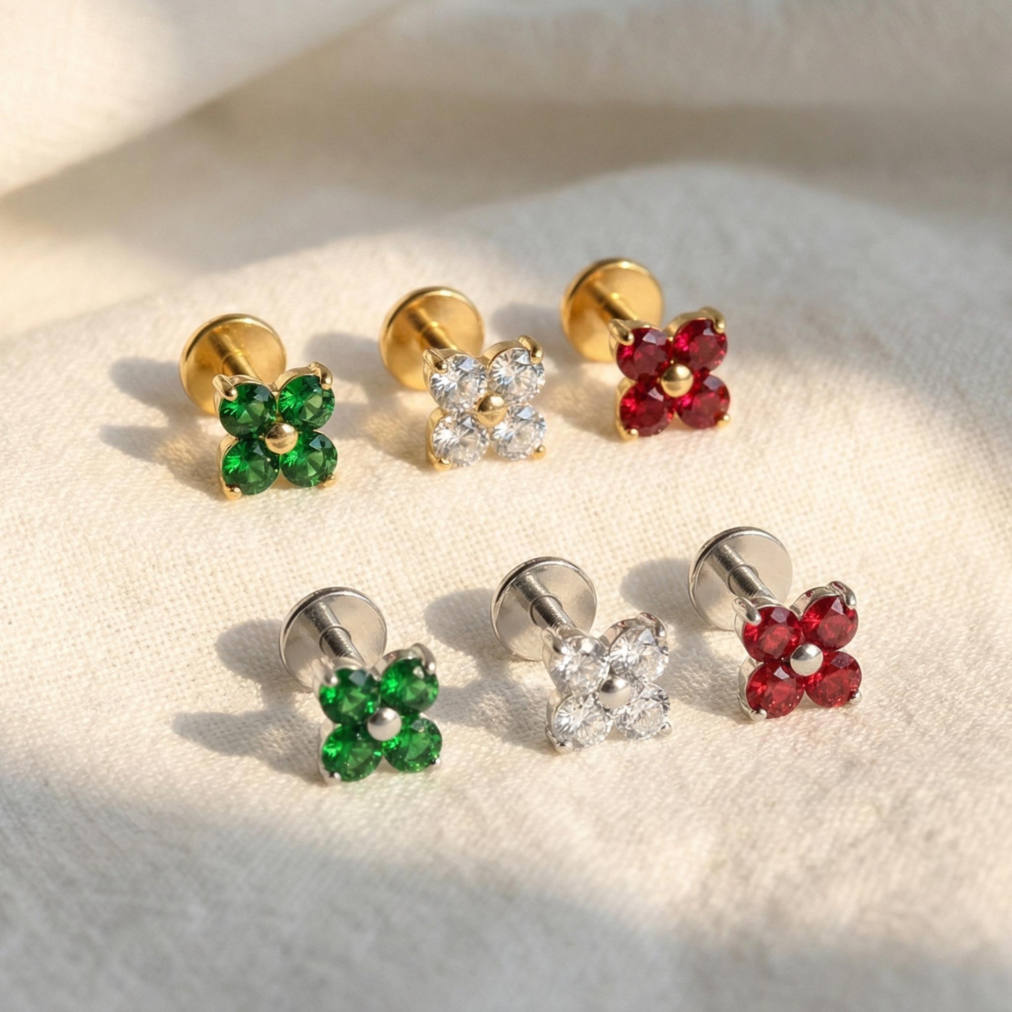 16G Titanium Clover Stud, 4 Petal Flower CZ Labret, Flat Back Helix Tragus Earring, Internally Threaded Cartilage Piercing