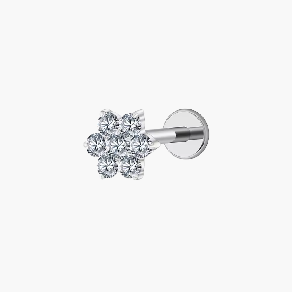 Titanium Tiny Flower Stud, 16G CZ Crystal Labret, Flat Back Earring, Tragus Helix Conch Cartilage Piercing, Hypoallergenic Jewelry