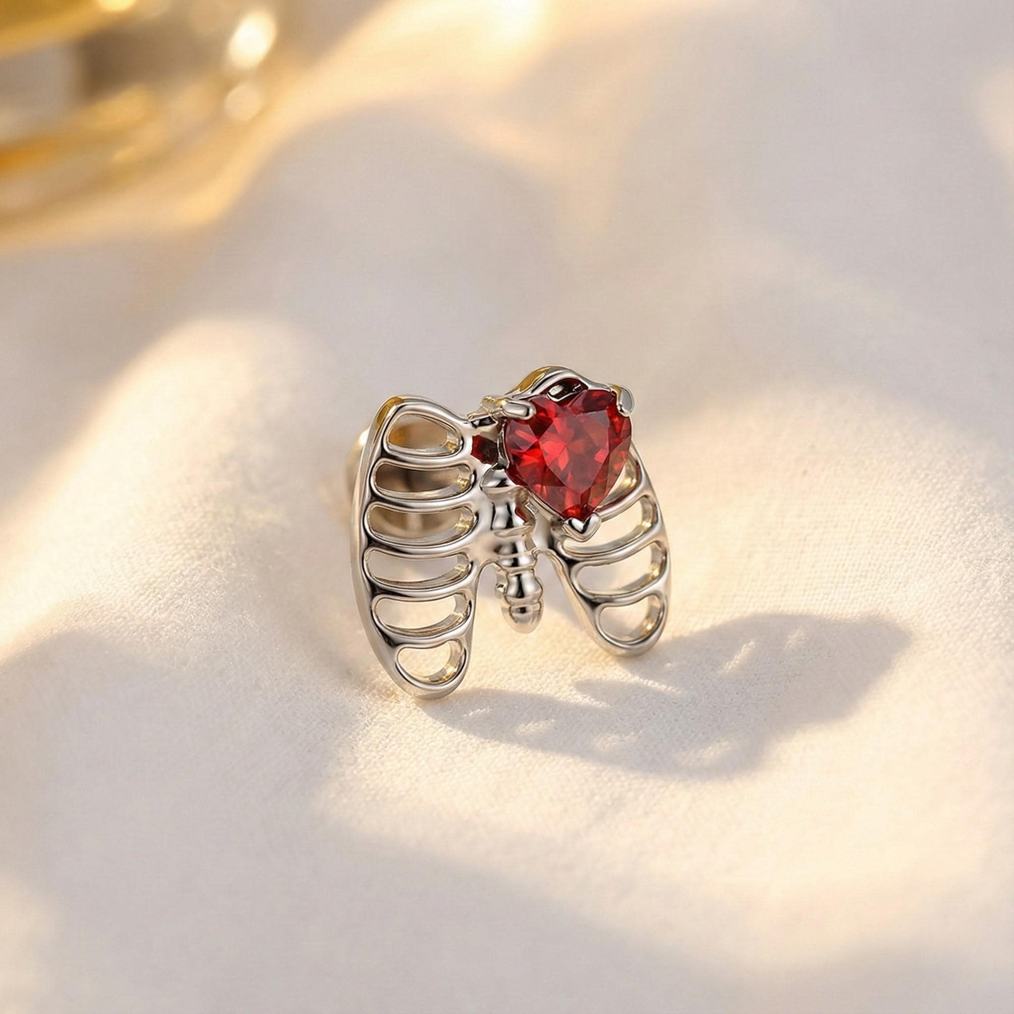 16G Titanium Rib Cage Stud, CZ Heart Skeleton Flat Back, Gothic Helix Tragus Earring, Spooky Anatomy Cartilage Jewelry