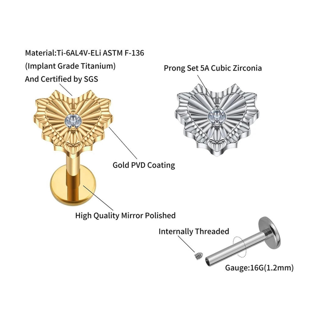 16G Titanium "Bad Romance" Heart Stud, CZ Flat Back Labret, Helix Tragus Conch Cartilage Earring, Hypoallergenic Body Piercing