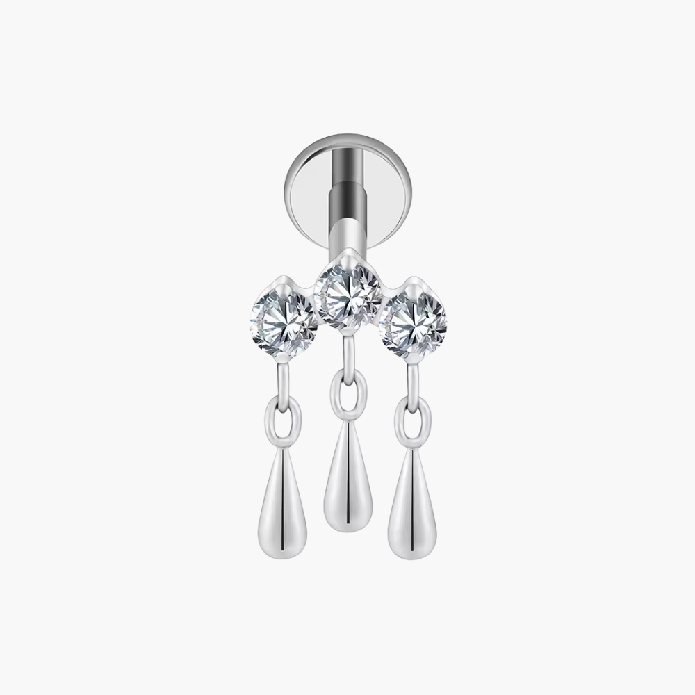 16G Titanium Hidden Helix Earring, Triple CZ Dangle Chain Cartilage Stud, Trinity Teardrop Charm, Flat Back Piercing Jewelry ASTM F136