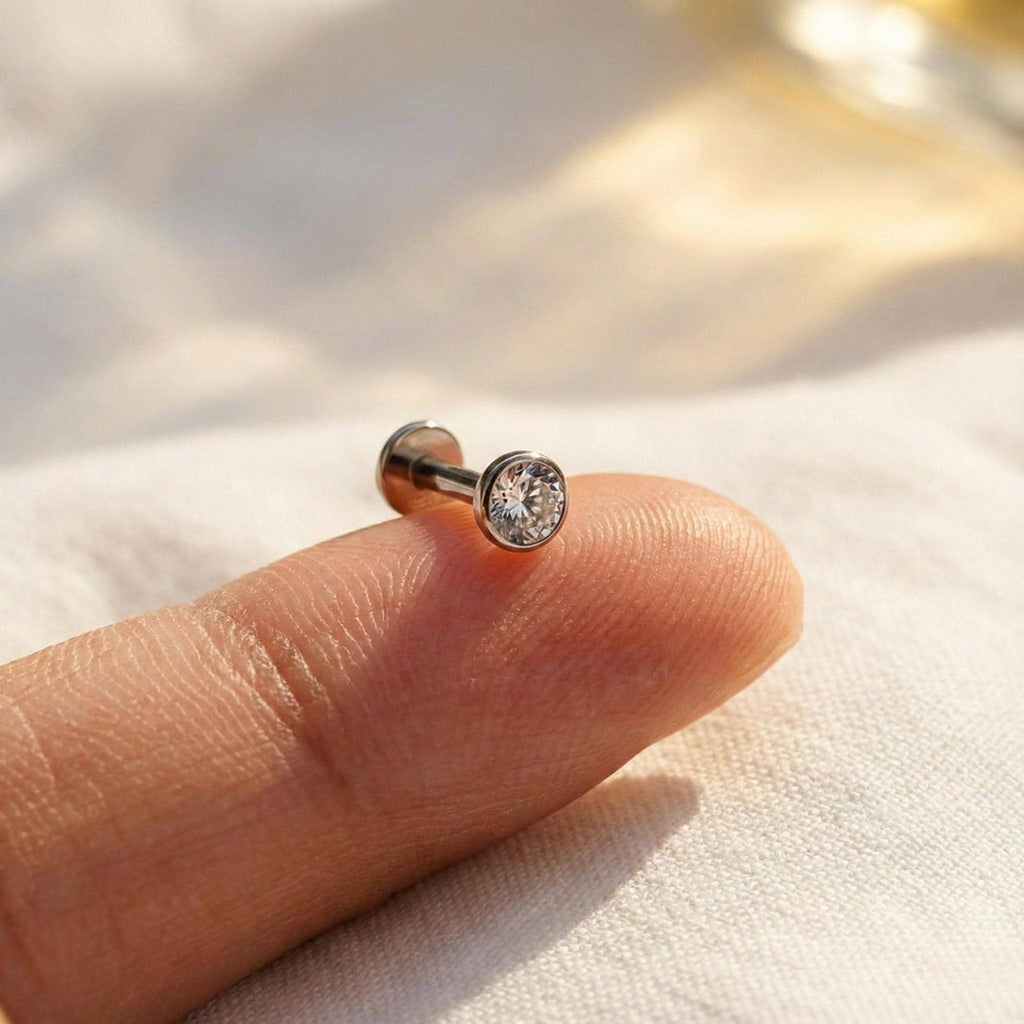16G/18G Titanium Bezel CZ Labret Stud Earring • Tragus Earring • Helix • Cartilage • Internally threaded • Flat Back Earring • Gift for Her