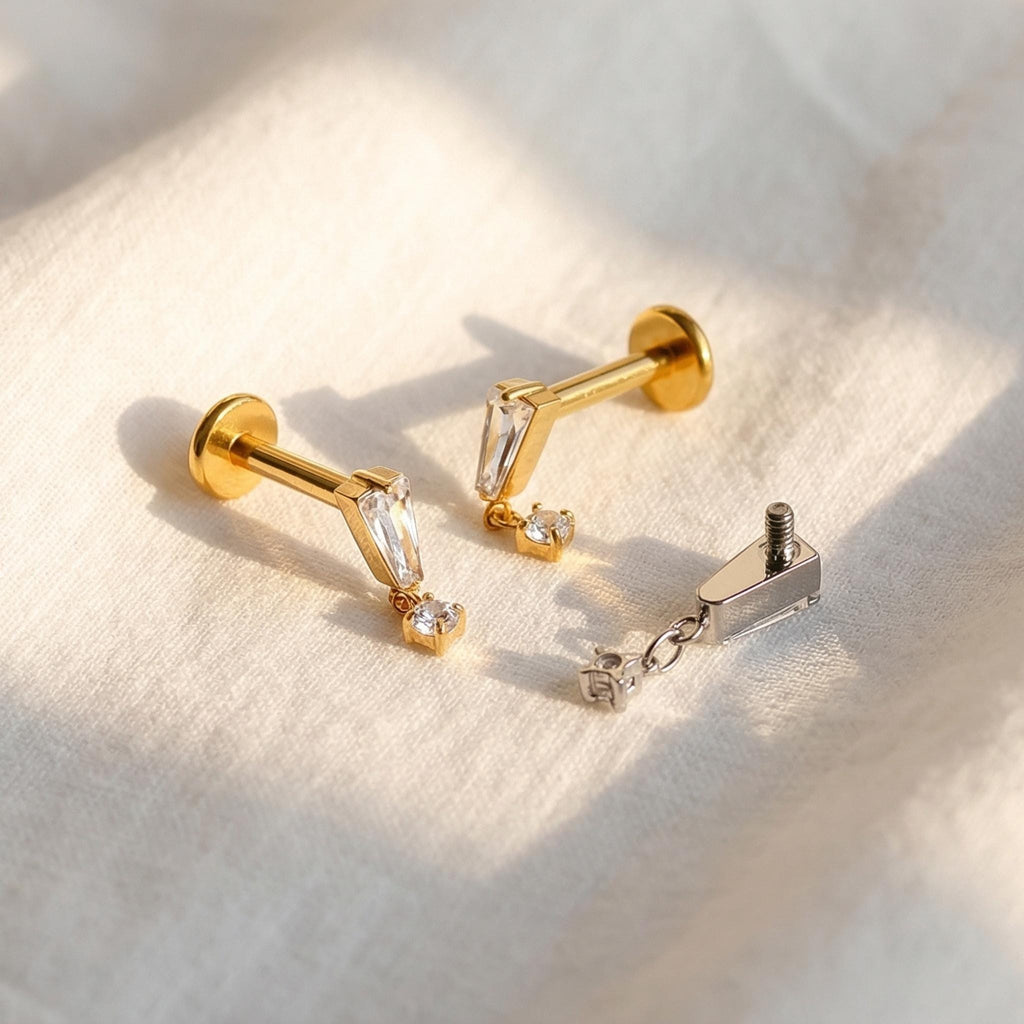 16G Titanium Baguette Dangle Stud, CZ Drop Cartilage Earring, Flat Back Helix Piercing, Hypoallergenic Tragus Lobe Jewelry