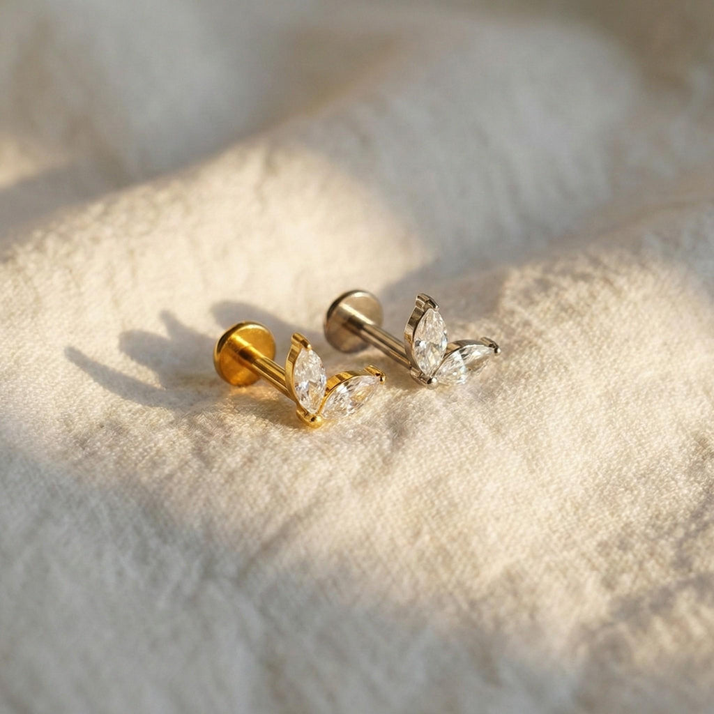 16G Titanium Double Marquise Stud, Tiny CZ Heart Flat Back Earring, Dainty Butterfly Leaf Helix Tragus Piercing, Minimalist Jewelry