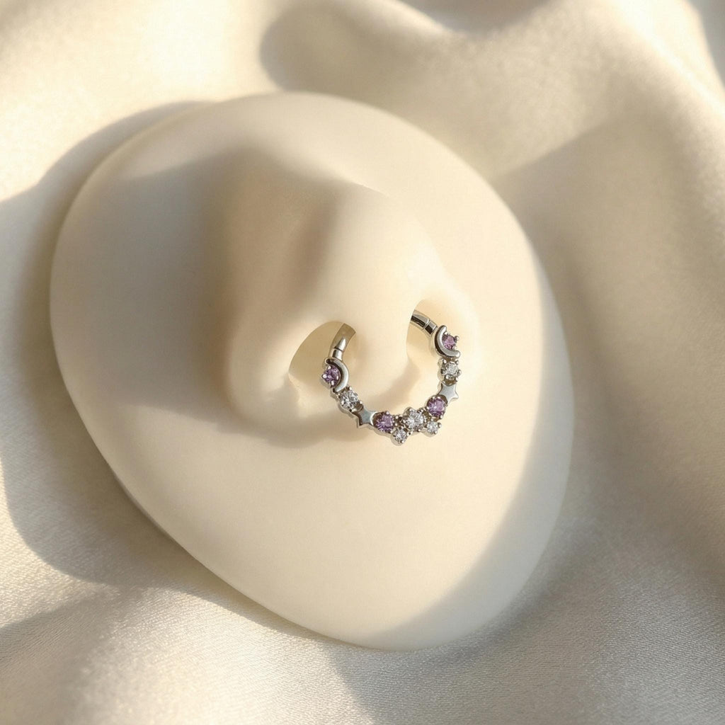 16G Titanium Moon and Star Septum Clicker, Celestial CZ Daith Hoop, Hinged Segment Ring, Hypoallergenic Cartilage Earring